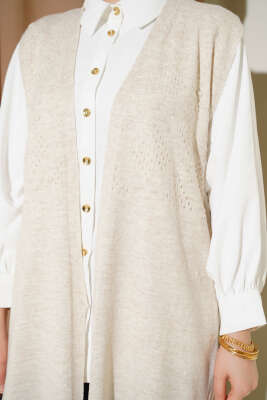 Kabartmalı Uzun Triko Yelek Bej - Yelek