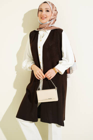 Kabartmalı Uzun Triko Yelek Kahve - Yelek