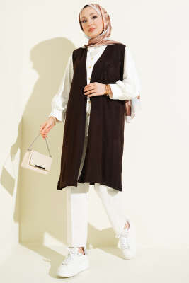 Kabartmalı Uzun Triko Yelek Kahve - Yelek