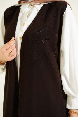 Kabartmalı Uzun Triko Yelek Kahve - Yelek