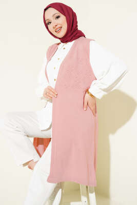 Kabartmalı Uzun Triko Yelek Pudra - VANİZA TRİKO