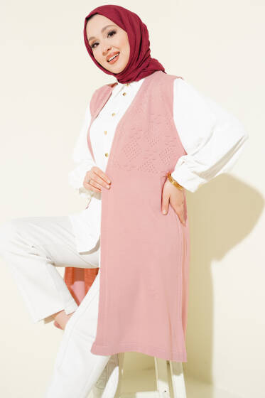 Kabartmalı Uzun Triko Yelek Pudra - Yelek