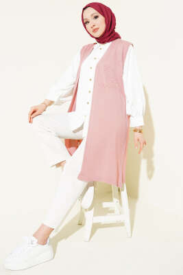 Kabartmalı Uzun Triko Yelek Pudra - Yelek