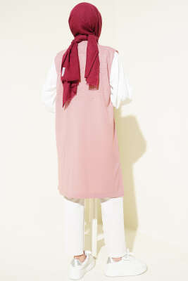 Kabartmalı Uzun Triko Yelek Pudra - Yelek