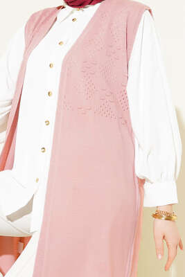 Kabartmalı Uzun Triko Yelek Pudra - Yelek