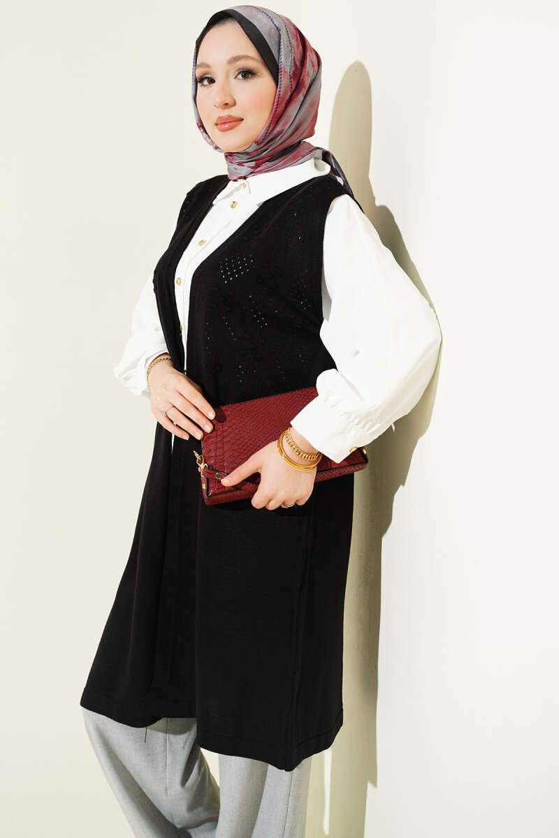 Kabartmalı Uzun Triko Yelek Siyah