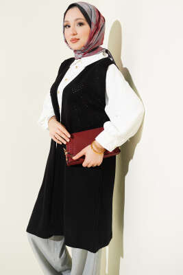 Kabartmalı Uzun Triko Yelek Siyah - VANİZA TRİKO