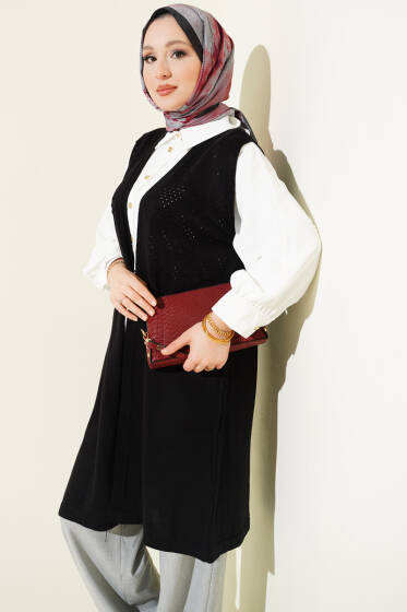 Kabartmalı Uzun Triko Yelek Siyah - Yelek