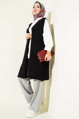 Kabartmalı Uzun Triko Yelek Siyah - Yelek