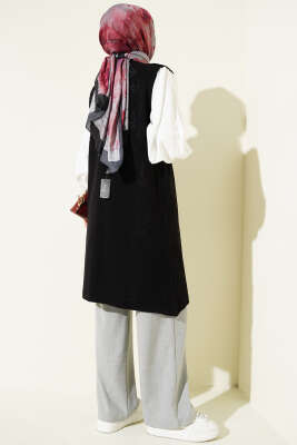 Kabartmalı Uzun Triko Yelek Siyah - Yelek