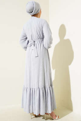 Kabartmalı Volanlı Kuşaklı Elbise Gri - Tesettür Elbise