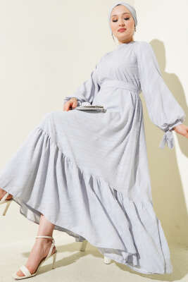 Kabartmalı Volanlı Kuşaklı Elbise Gri 