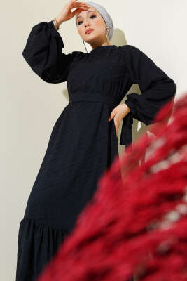 Kabartmalı Volanlı Kuşaklı Elbise Lacivert - Tesettür Elbise