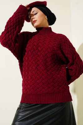 Kabartmalı Yarasa Kol Triko Kazak Bordo - RAFİMİX