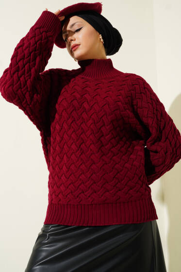 Kabartmalı Yarasa Kol Triko Kazak Bordo - Triko Kazak