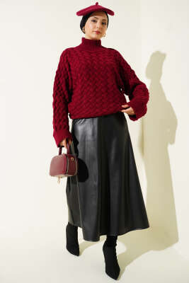 Kabartmalı Yarasa Kol Triko Kazak Bordo - Triko Kazak