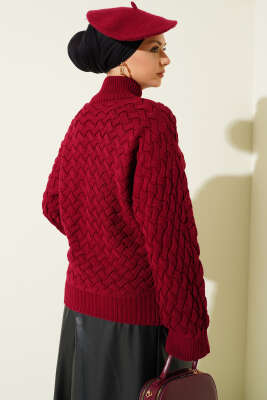 Kabartmalı Yarasa Kol Triko Kazak Bordo - Triko Kazak