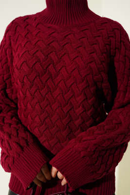 Kabartmalı Yarasa Kol Triko Kazak Bordo - Triko Kazak