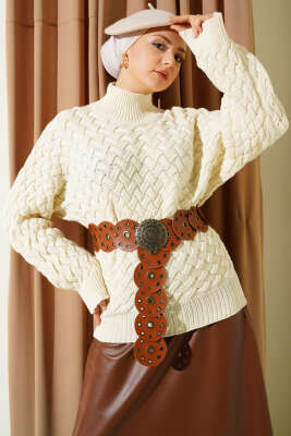 Kabartmalı Yarasa Kol Triko Kazak Ekru - RAFİMİX