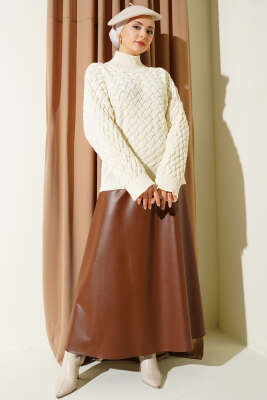 Kabartmalı Yarasa Kol Triko Kazak Ekru - Triko Kazak