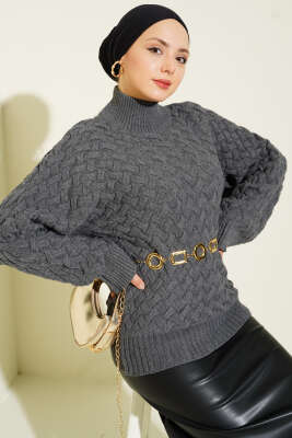 Kabartmalı Yarasa Kol Triko Kazak Füme - RAFİMİX