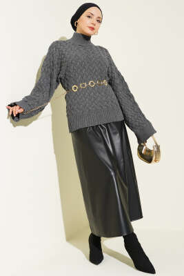 Kabartmalı Yarasa Kol Triko Kazak Füme - Triko Kazak