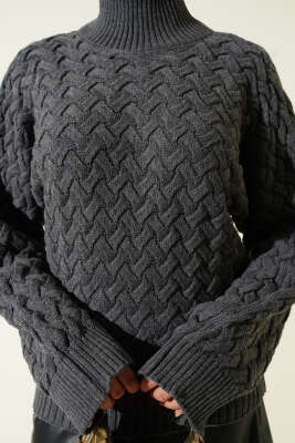 Kabartmalı Yarasa Kol Triko Kazak Füme - Triko Kazak