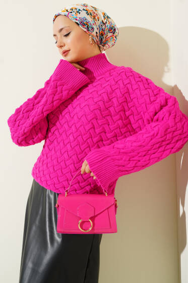 Kabartmalı Yarasa Kol Triko Kazak Fuşya - Triko Kazak