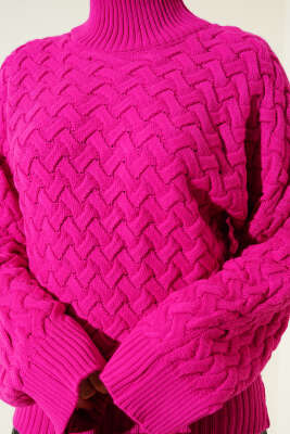 Kabartmalı Yarasa Kol Triko Kazak Fuşya - Triko Kazak