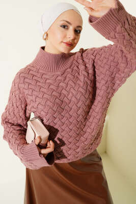 Kabartmalı Yarasa Kol Triko Kazak Gül Kurusu - RAFİMİX