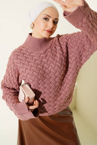 Kabartmalı Yarasa Kol Triko Kazak Gül Kurusu - Triko Kazak