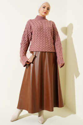 Kabartmalı Yarasa Kol Triko Kazak Gül Kurusu - Triko Kazak