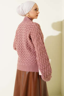 Kabartmalı Yarasa Kol Triko Kazak Gül Kurusu - Triko Kazak