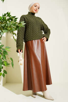 Kabartmalı Yarasa Kol Triko Kazak Haki - Triko Kazak