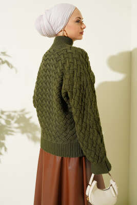 Kabartmalı Yarasa Kol Triko Kazak Haki - Triko Kazak