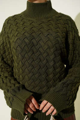 Kabartmalı Yarasa Kol Triko Kazak Haki - Triko Kazak