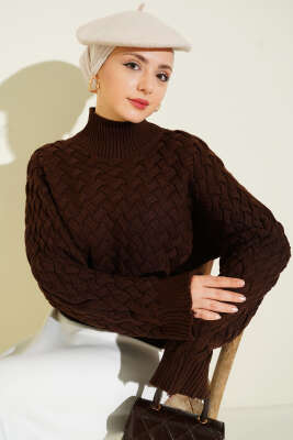 Kabartmalı Yarasa Kol Triko Kazak Kahve - RAFİMİX