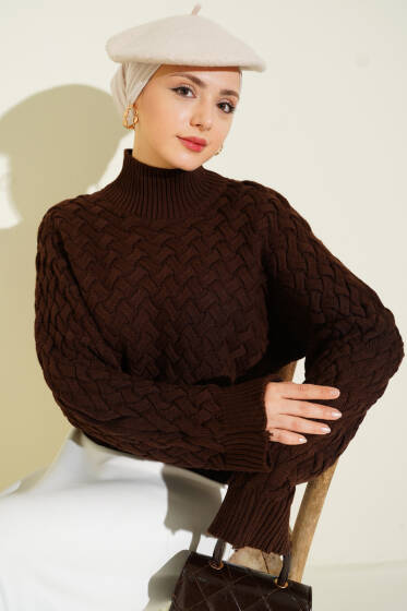 Kabartmalı Yarasa Kol Triko Kazak Kahve - Triko Kazak