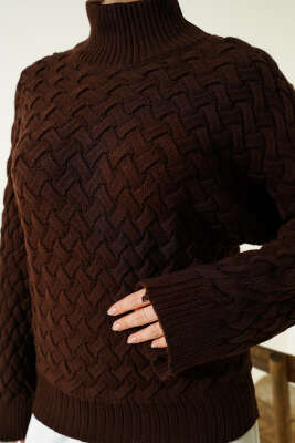 Kabartmalı Yarasa Kol Triko Kazak Kahve - Triko Kazak