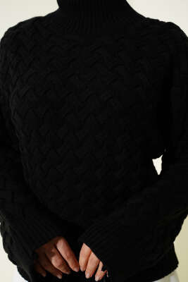 Kabartmalı Yarasa Kol Triko Kazak Siyah - 300-500 TL Ürünler