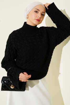 Kabartmalı Yarasa Kol Triko Kazak Siyah - RAFİMİX