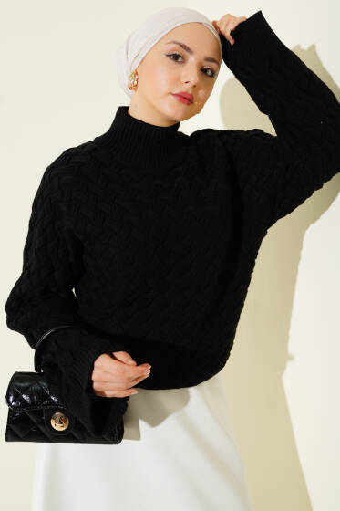 Kabartmalı Yarasa Kol Triko Kazak Siyah - Triko Kazak