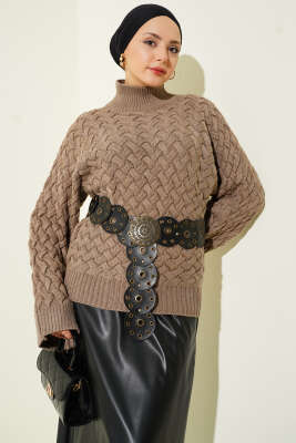 Kabartmalı Yarasa Kol Triko Kazak Vizon - RAFİMİX