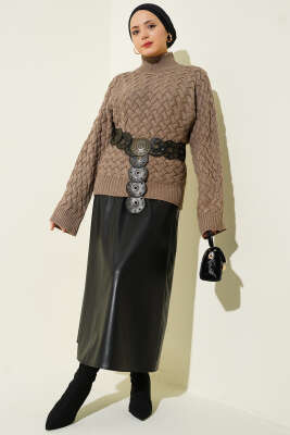 Kabartmalı Yarasa Kol Triko Kazak Vizon - Triko Kazak