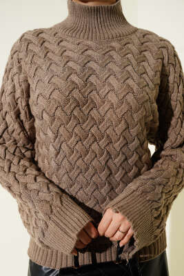 Kabartmalı Yarasa Kol Triko Kazak Vizon - Triko Kazak