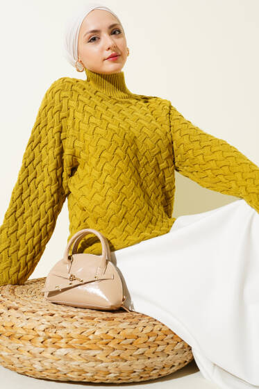 Kabartmalı Yarasa Kol Triko Kazak Yağ Yeşili - Triko Kazak