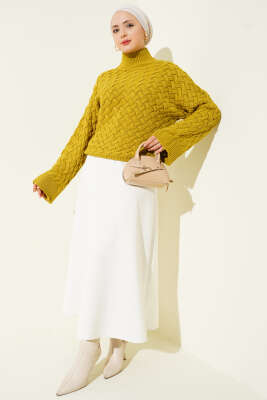 Kabartmalı Yarasa Kol Triko Kazak Yağ Yeşili - Triko Kazak