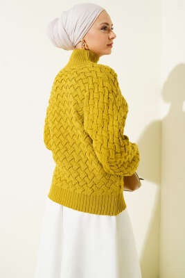 Kabartmalı Yarasa Kol Triko Kazak Yağ Yeşili - Triko Kazak