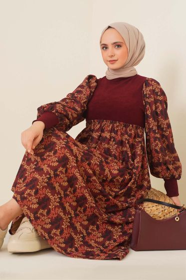 Kadife Garnili Elbise Bordo - Tesettür Elbise