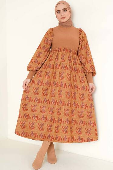 Kadife Garnili Elbise Camel - Tesettür Elbise